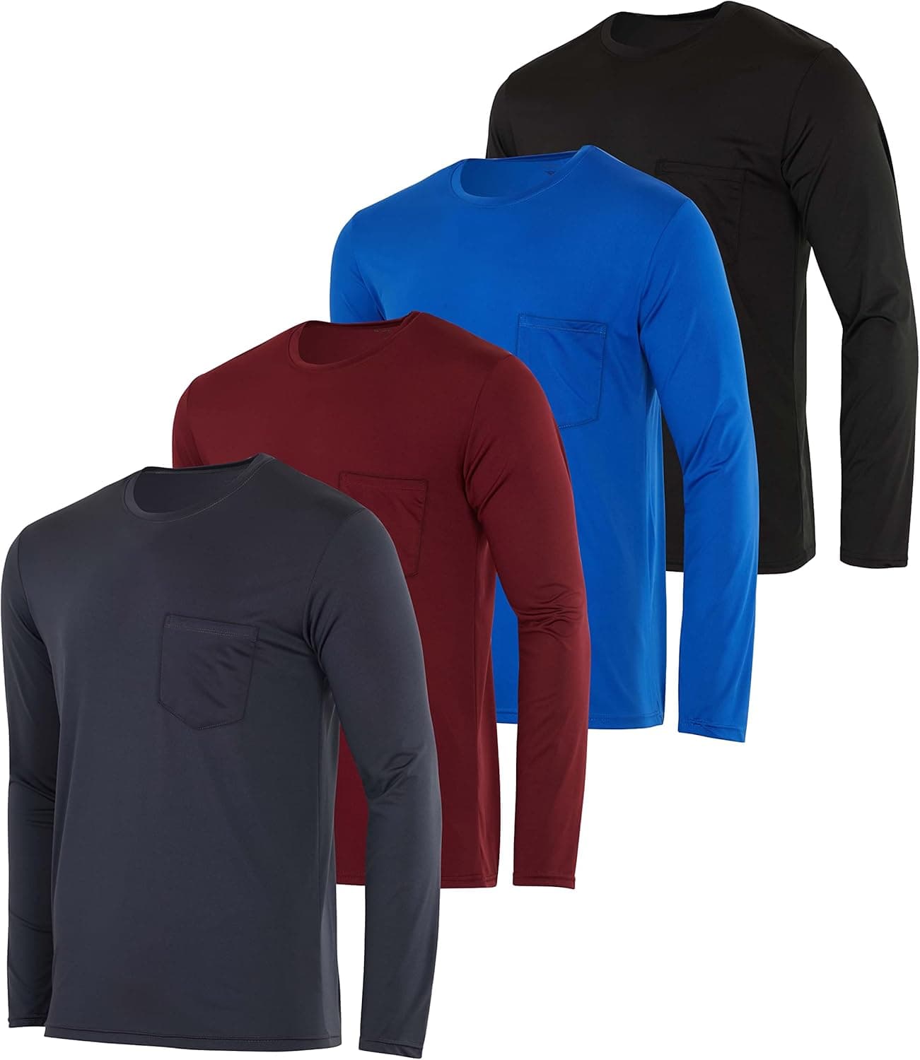 4 Pack: Men's Dry-Fit Active Athletic Long Sleeve Pocket Crew T-Shirt Outdoors UPF 50 S-5XLT