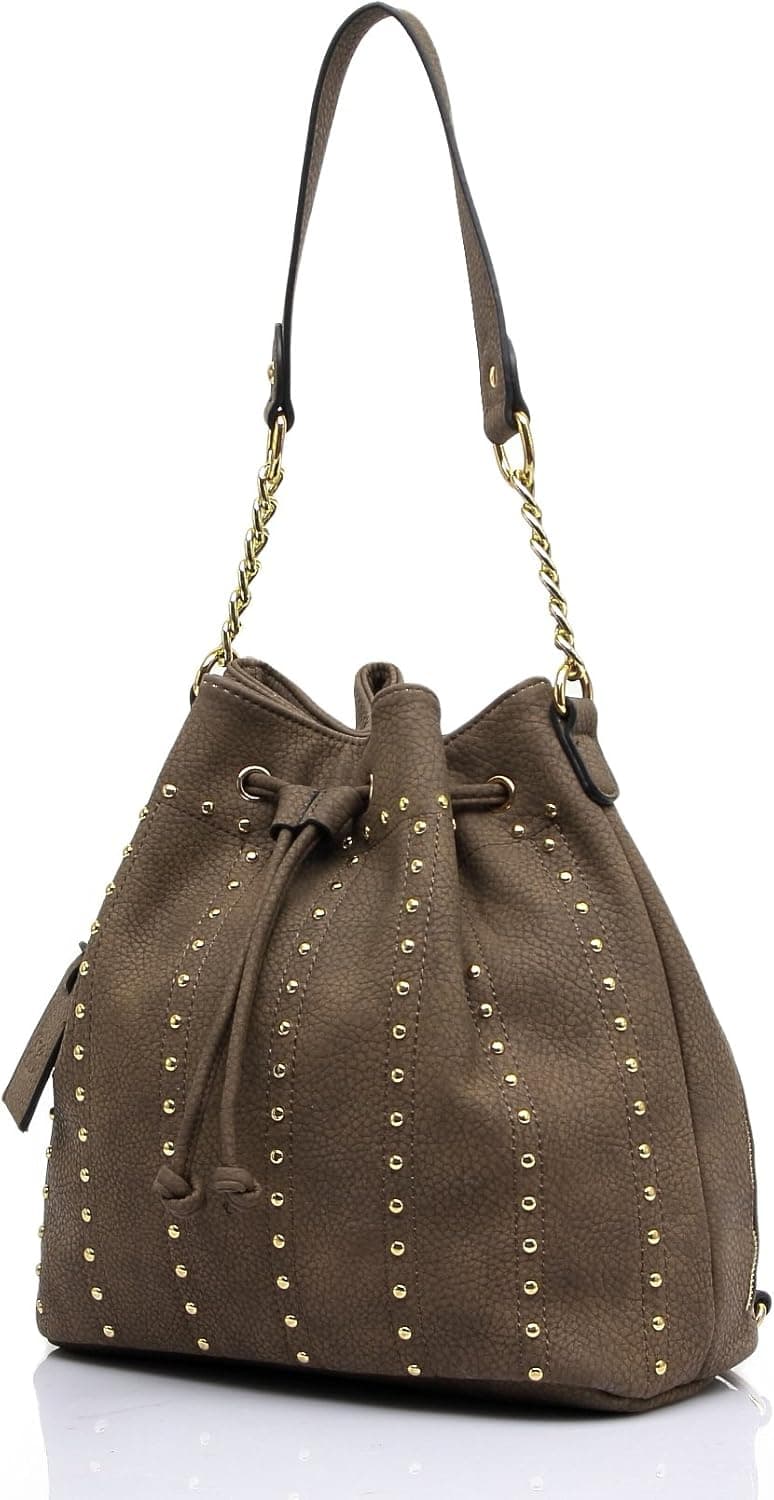 STORE CLOSING SALE!! Siena Chic Studded Drawstring Bucket Bag (Coffee)