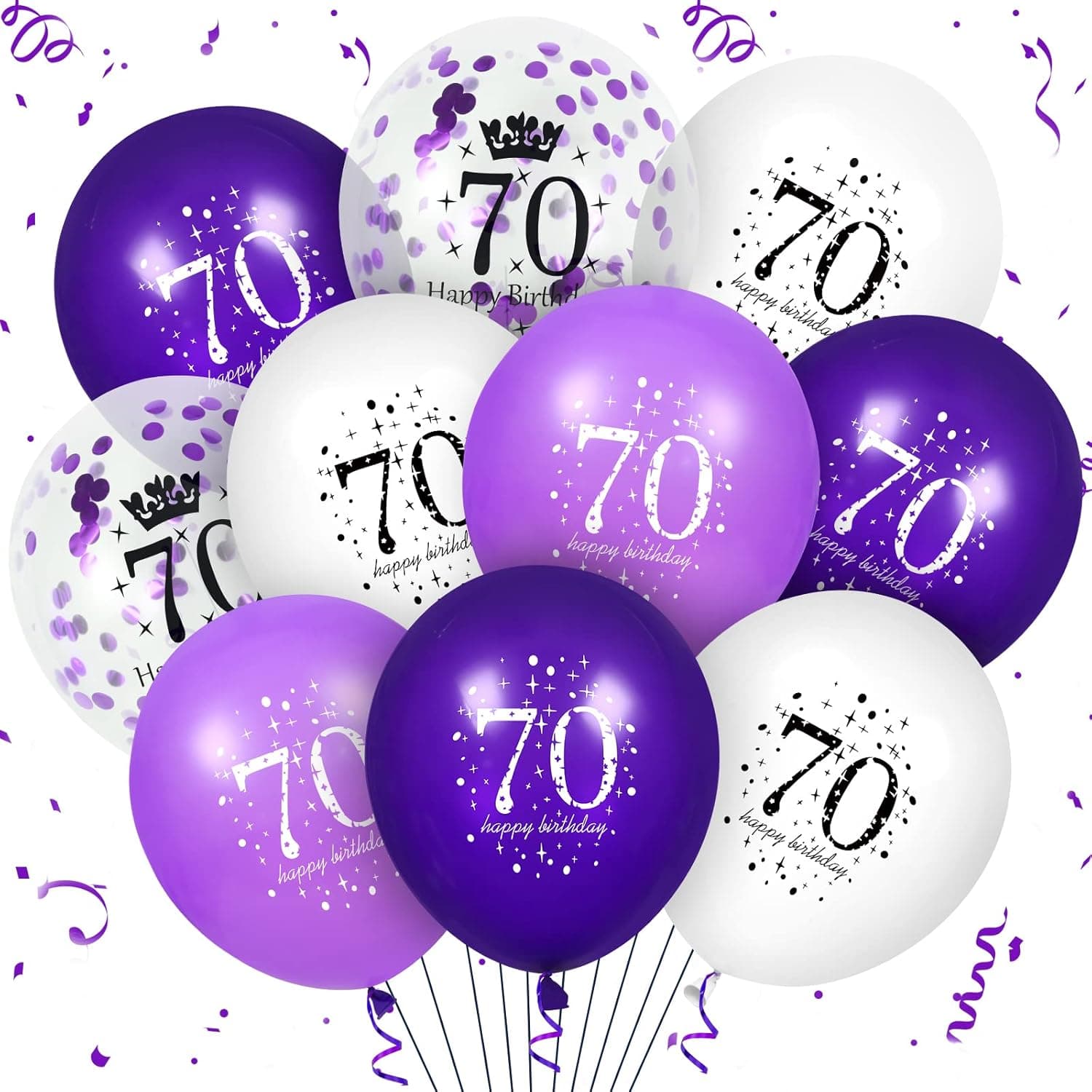70th Purple Birthday Balloons Decorations, 16PCS Purple White Happy 70th Birthday Confetti Latex Balloons for Women Men Happy Birthday Party Wedding Anniversary Indoor Outdoor Party Supplies,12 Inch