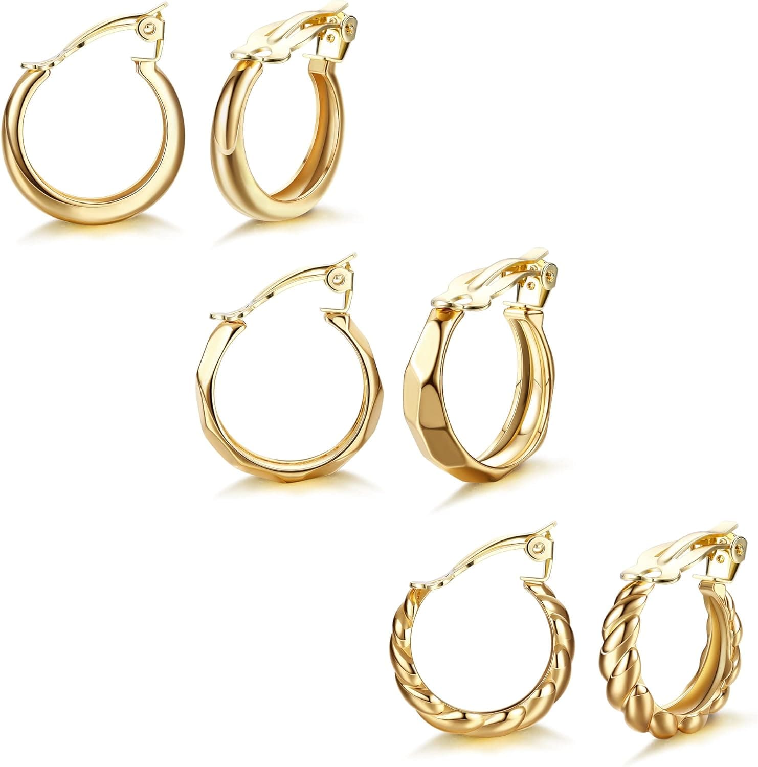 HAIAISO 3Pairs 14K Gold Clip on Hoop Earrings For Women Croissant Chunky Hoop Earrings No Piercing Clip on Earrings