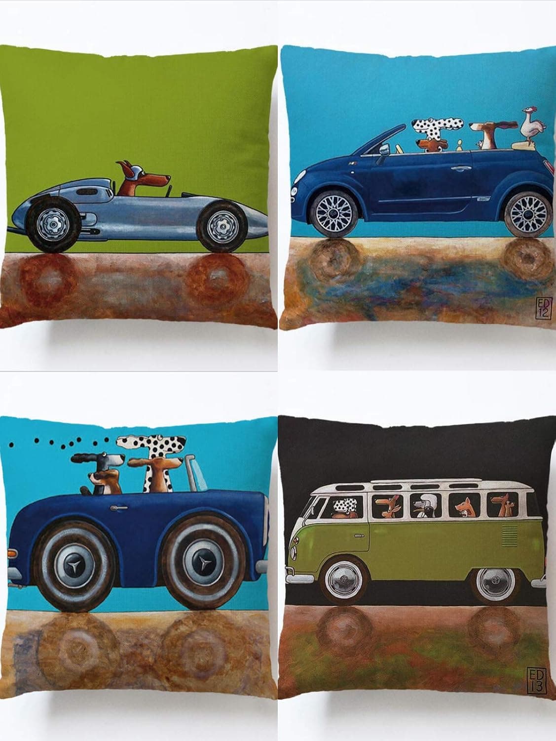 Vankie Set of 4 Throw Pillow Cover Dog Driver Cartoon Design, Decorative Pillowcase - Bed/Kids/Sofa 18 x 18 inch Throw Cotton Linen