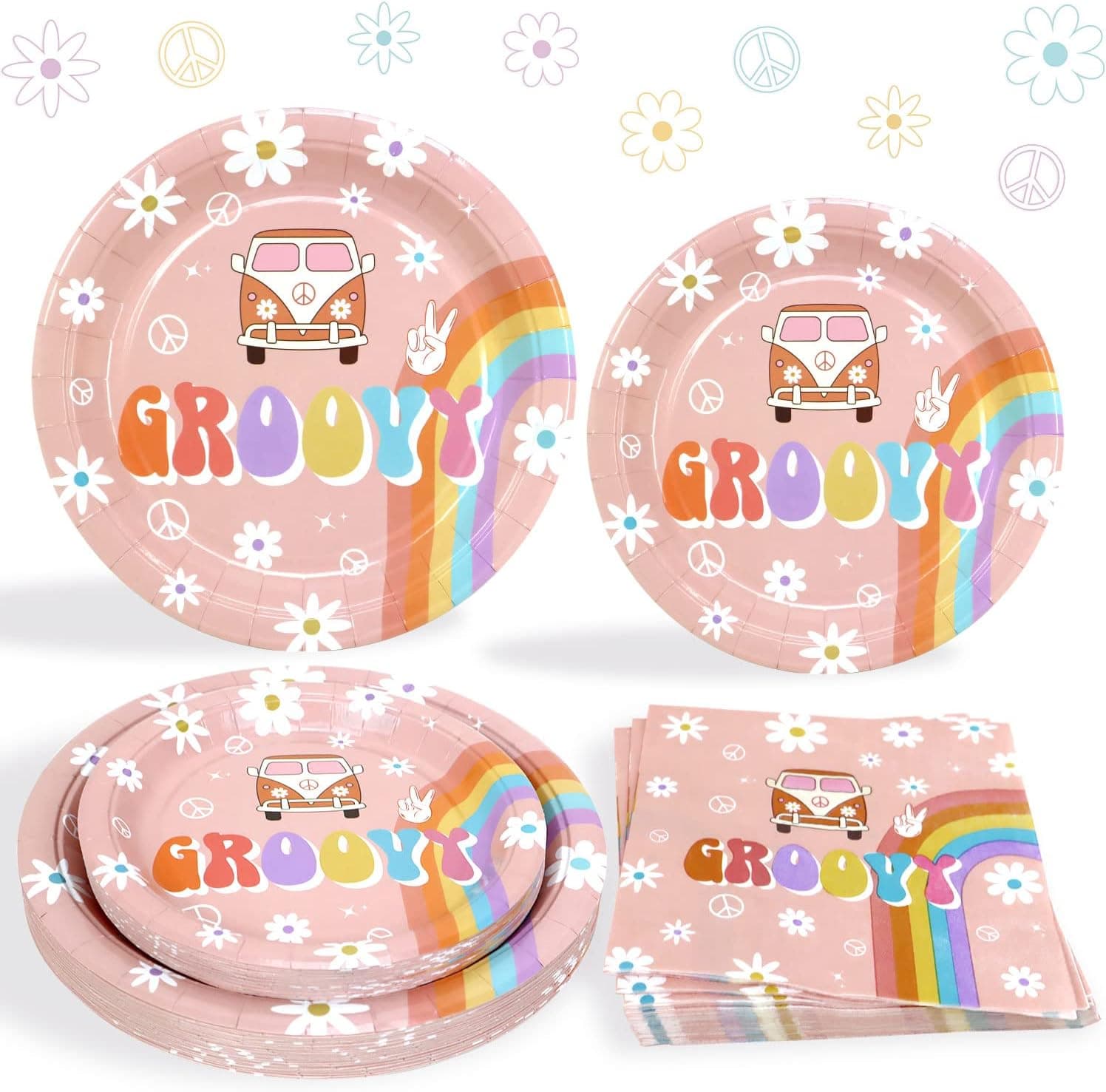 Lopeastar Groovy Party Decorations Plates and Napkins Sets for 25 Guests,Girls Two Groovy One Groovy Daisy Hippie Birthday Tableware Party Supplies