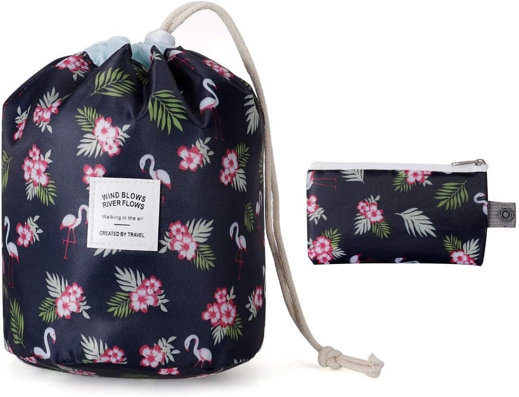 Barrel Makeup Bag Drawstring Travel Cosmetic bag for Women and Girls Portable Foldable Multifunction Toiletry Bucket Bags Round Organizer Storage Pocket Soft Collapsible