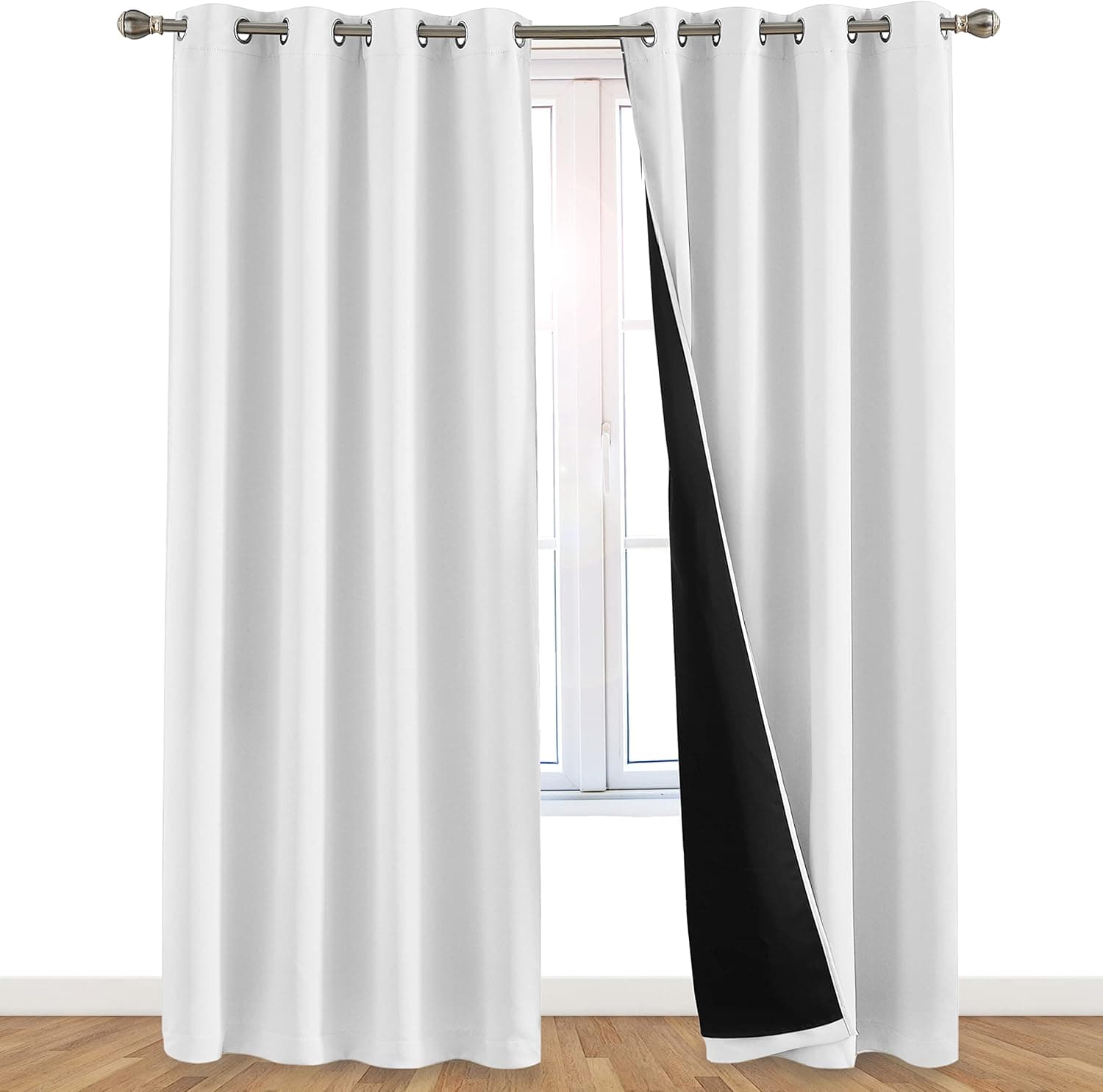 100% Blackout Window Curtains: Room Darkening Thermal Window Treatment with Light Blocking Black Liner for Bedroom, Nursery and Day Sleep - 2 Pack of Drapes, Brilliant White (84” Drop x 52” Wide Each)