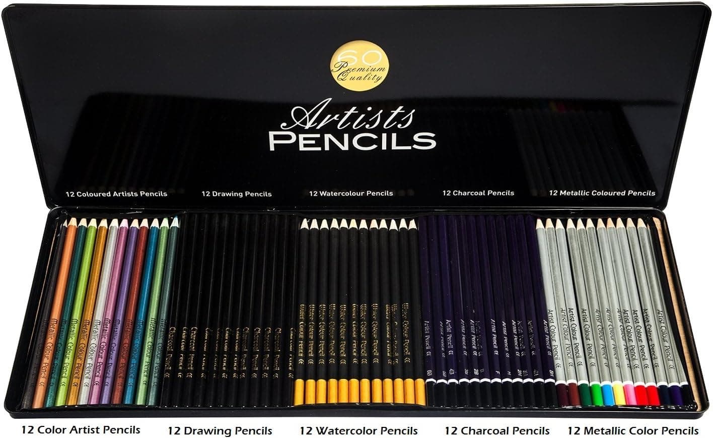Artists Pencils - Set of 60 assorted Pencils in a Tin case - Wide range and Great selection of Pencils - with 12 each of Coloring, Drawing, Watercolor, Charcoal and Metallic Coloring Pencils.