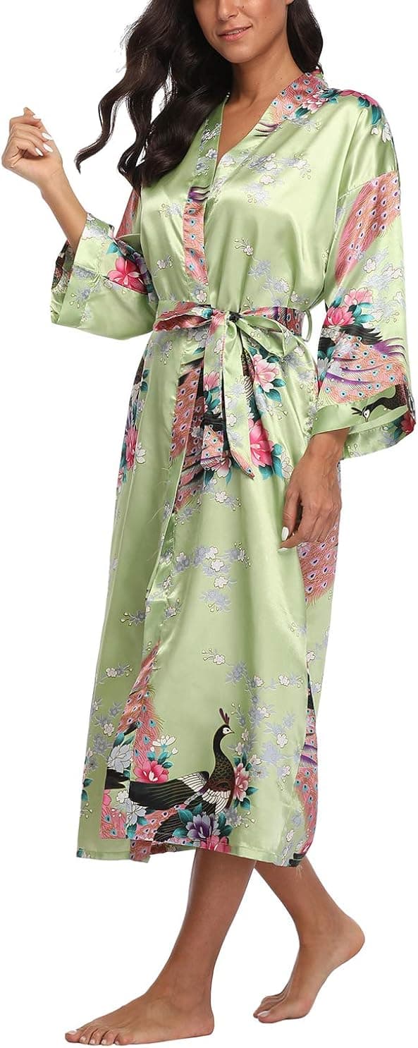 ABC-STAR Women's Kimono Robe Peacock & Blossom Robe Wedding Satin Bathrobe Nightgown