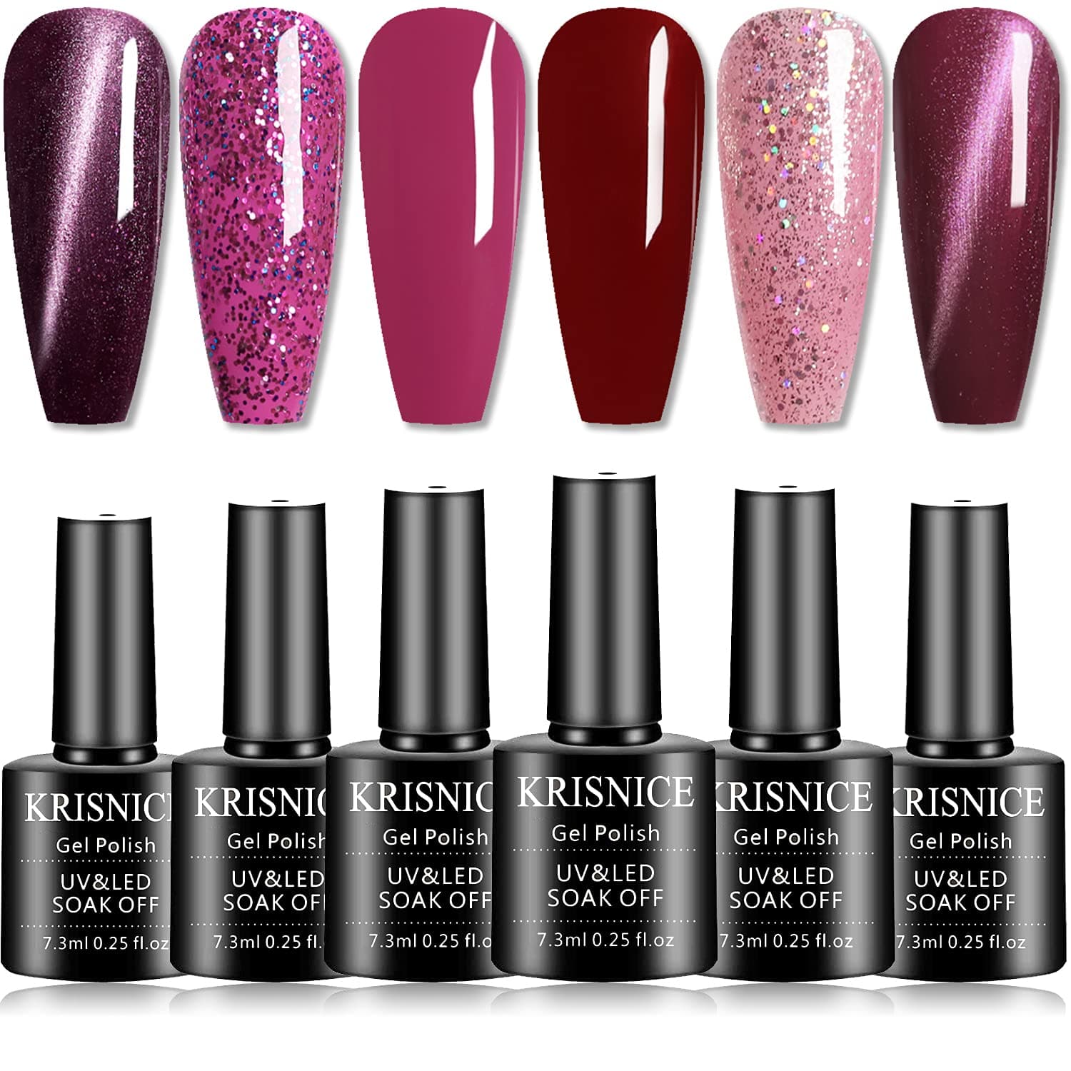 KRISNICE Magnetic 3D Cat Eye Gel Nail Polish Set Glitter Summer Colors Pink Rose Red Purple Soak Off Nail Lamp Pure UV LED for Nails Art Salon Gift Box DIY Home Valentine's Day(KHS6-004)