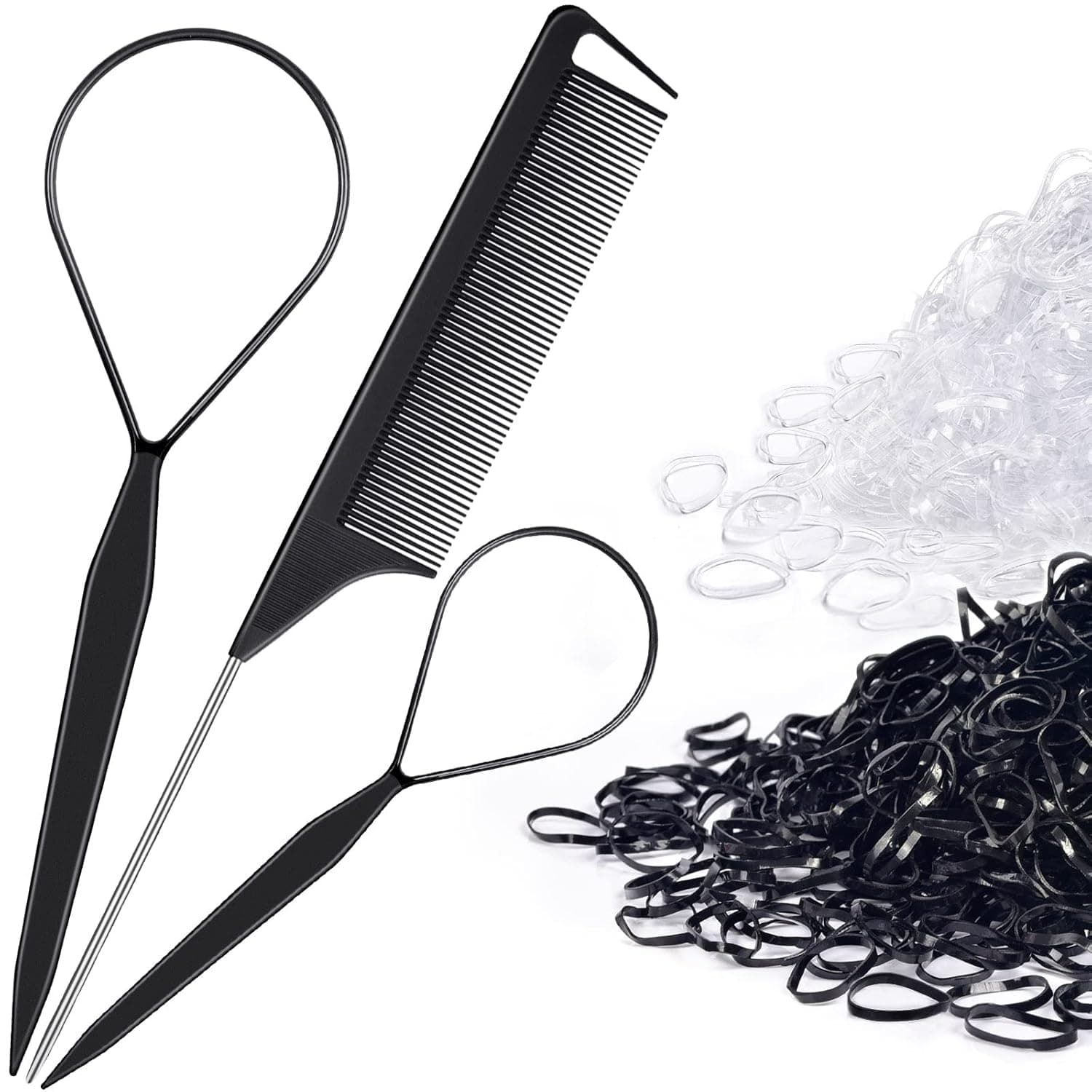 Topsy Tail Hair Tool, IKOCO 400pcs Hair Rubber Bands with Hair Loop Styling Tool Set, 200pcs Clear Hair Elastics 200pcs Black Rubber Bands for Hair 2pcs Hair Loop Tools 1pc Rat Tail Comb