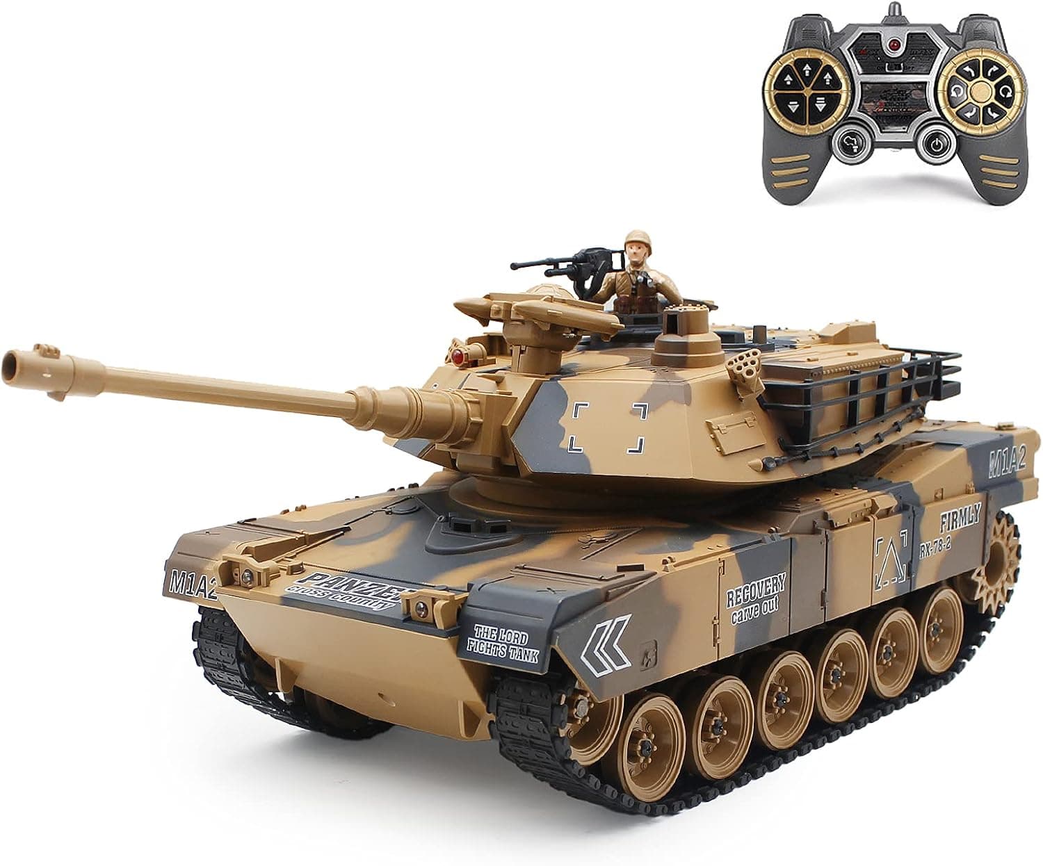 fisca 1/18 Remote Control Tank 2.4Ghz, 15 Channel M1A2 RC Tank with Smoking and Vibration Controller - Abrams Main Battle Tank That Shoot BBS Airsoft Bullets Military Toy for Kids and Adults
