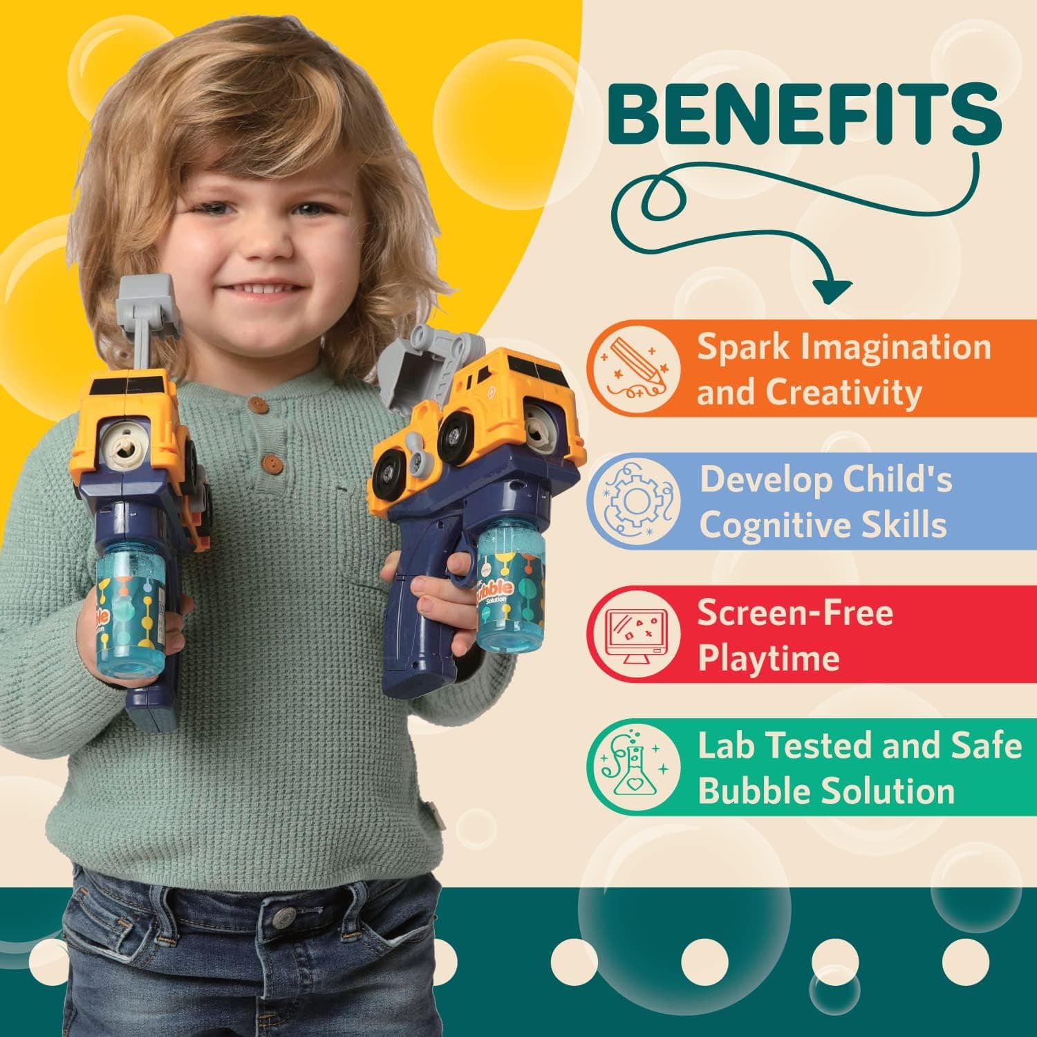 Klevly Construction Bubble Gun for Toddlers 3-5 Yrs (Pack of 2 + 4 Bubble Solutions)