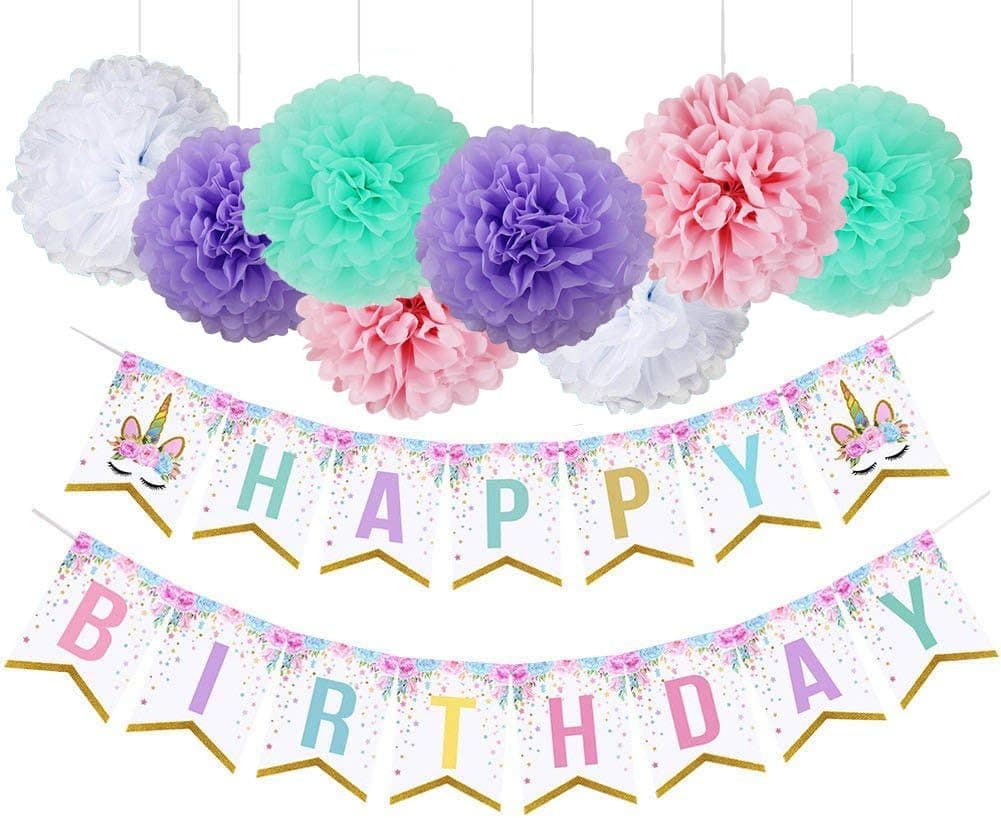 Unicorn Happy Birthday Banner with Pom Pom Balls Unicorn Themed Party Decorations for Girls Birthday Party Supplies