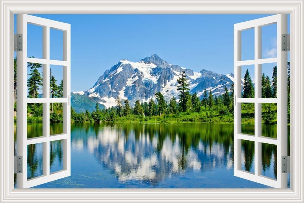 Peel and Stick 3D Wall Decal Sticker Lake Snow Mountain Window Scenes Home Décor Art Removable Wall Murals for Kitchen Wallpaper Adhesive -24x36 inches