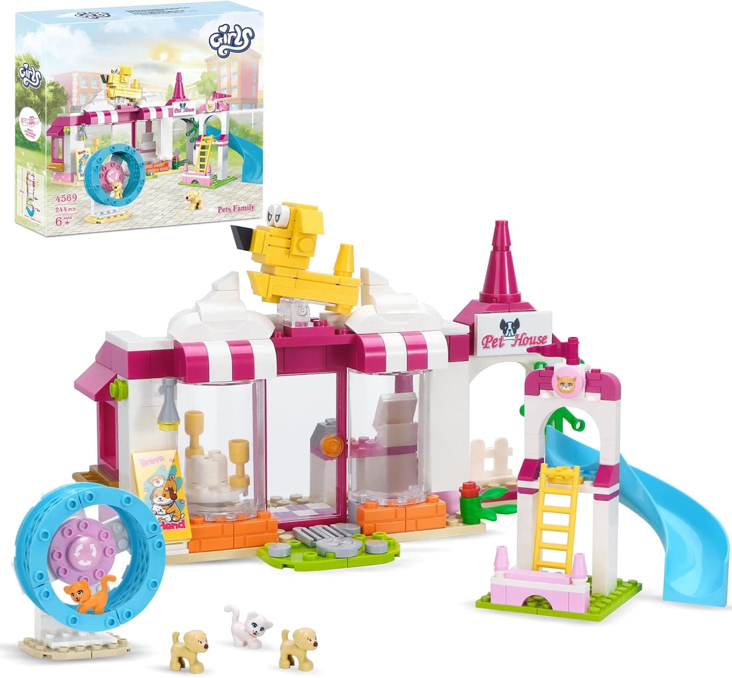 Girls Friends Pet Building Sets 244 Pieces Doggy Day Care Building Kit, Pet Playground with Slide, Animal Puppy Playset with 2 Dogs and 2 Cats Figures Toy, Education Building Toys Gift for Kid Aged 6+