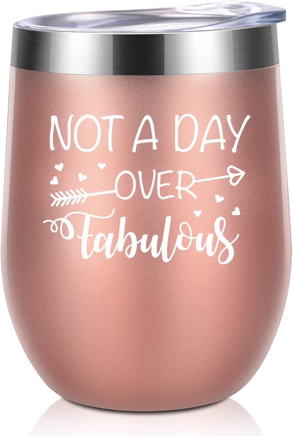 Not A Day Over Fabulous Gifts for Women | PREMIUM 12oz Stainless Steel Wine Tumbler | Funny Gift Ideas Mother's Day, Wedding, Birthday for Wife, Coworker, Best Friend | By BabyPop! (Rose Gold/White)