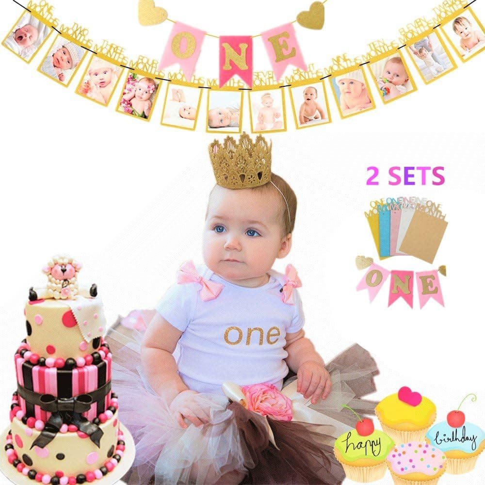JeVenis Glittering Baby First Birthday Decorations Banner" O N E" and 1-12 Months Photo Rope Banner 1st Birthday Party Supply (Gold)