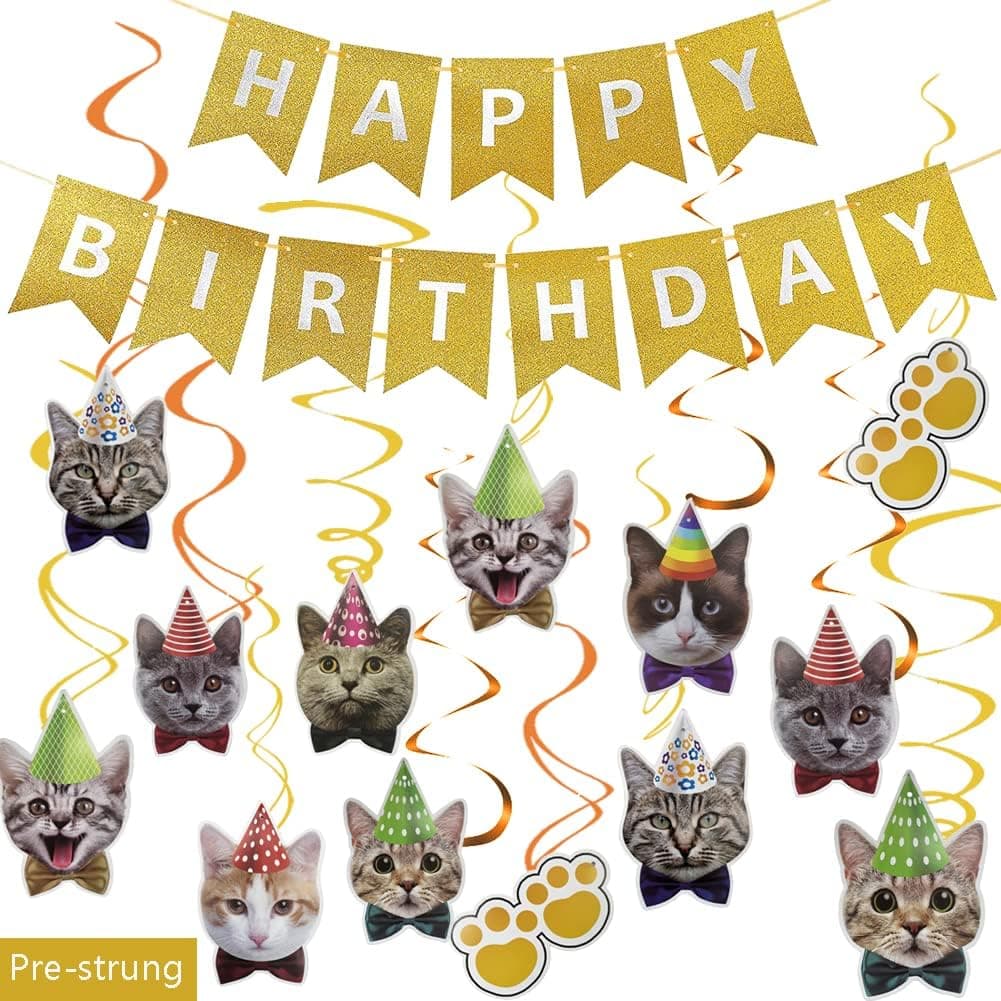 WOJOGO Cat Birthday Party Decorations Kit - 16 Pcs Cat Face Hanging Swirls and Pre-Strung Gold Happy Birthday Banner for Cat Themed Birthday Funny Kitty Party Supplies Meow Decor
