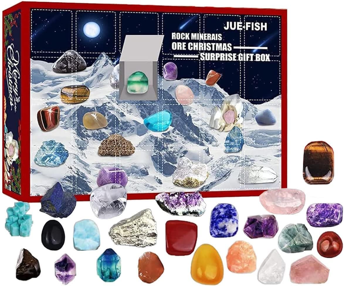 Advent Calendar 2022 Healing Crystal, Rocks, Minerals & Fossils Healing Crystals Gem Kit, 24 Days Christmas Countdown Calendars Gifts for Kids Girls Boys Treasure Ore Guessing Fun Toy (A)