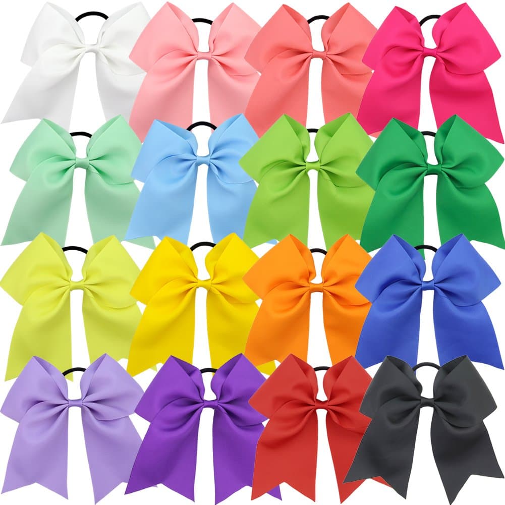 Qtgirl 16Pcs 7" Girls Big Cheer Hair Bows Large Cheerleading Hair Bow with Elastic Tie for Woman and High School Teenager in Sport