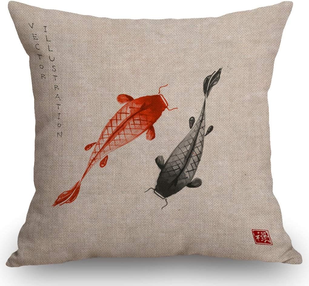 SSOIU Red and Black koi carps Hand Drawn with Ink in Traditional Japanese Decoration Cotton Linen Home Decorative Throw Pillow Case Cushion Cover for Sofa Couch, 18" x 18"