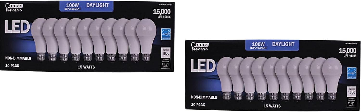 FEIT 100w LED Replacement Bulbs using 15W Daylight 5000K 1600 Lumens (20 Lamps)