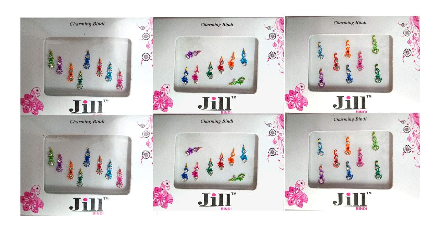 Pack of 12 - Jill Bindi Collection Multi Color Drop Design White Stone Outline Bindi for Women - Party Wear Reusable Bindi (BC-20)