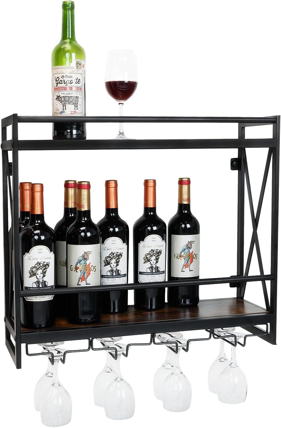 Farmhouse Wall Mounted Wine Rack, Industrial Vintage Hanging Wine Shelf, 2-Tier Solid Wood Wine Rack with Stemware Glasses Holder, Multipurpose Storage Display Shelf for Kitchen Living Room Cafe Bar