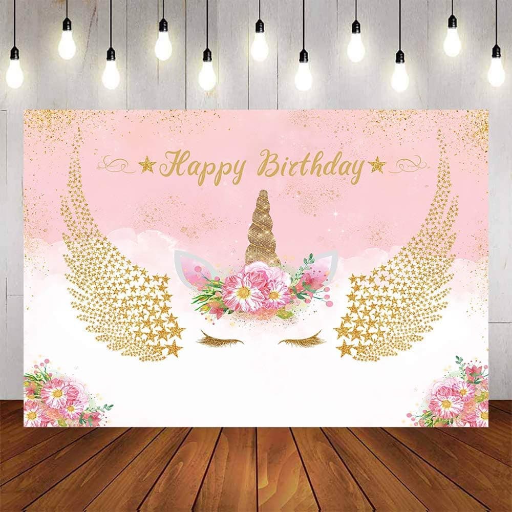Avezano Unicorn Birthday Backdrop 7x5ft Gold Wings Stars Background Children Happy Birthday Party Decoration Girls Pink Birthday Party Deocr Photo Booth Prop