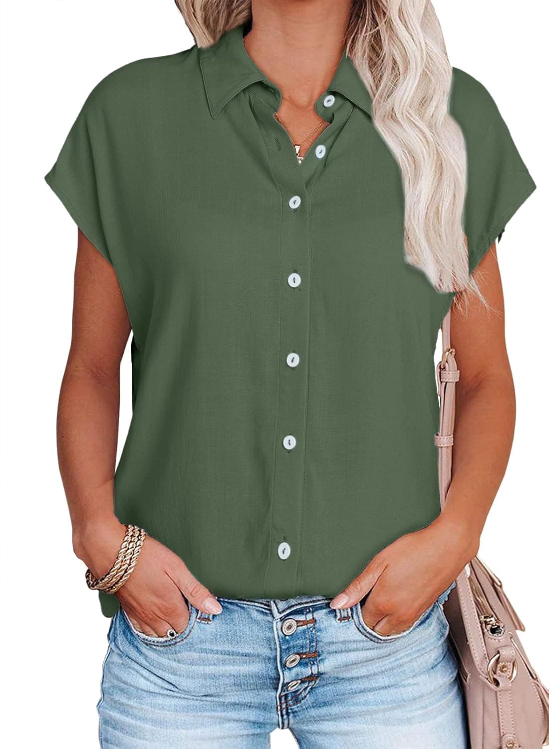 Women's Cap Sleeve Button Down Shirts V Neck Basic Work Plain Blouses Tops Green