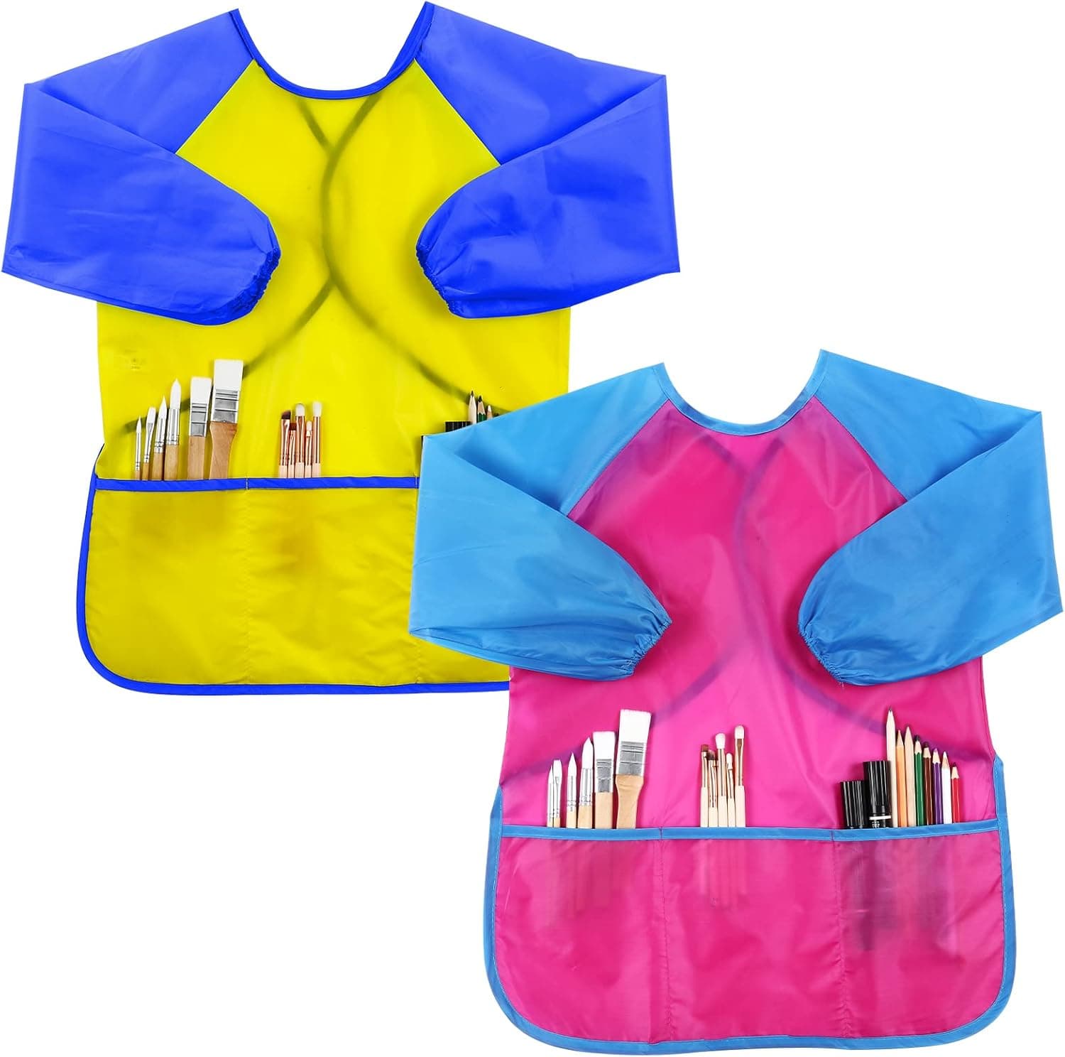 Kids Art Smock 2Pcs Toddler Painting Smocks Waterproof Long Sleeve Drawing Apron with 3 Pockets for Ages 3-8 Years (Brushes not included)