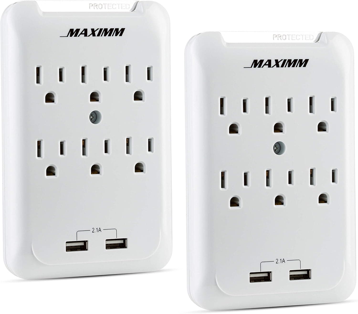 Maximm Multi-Outlet Wall Adapter, 2 Pack, 300 Joules Surge Protector, 2-USB Ports 2.1A Wall Charger, Wall Mount Charging Center 6 AC Outlet Wall Mount Adapter, ETL Certified