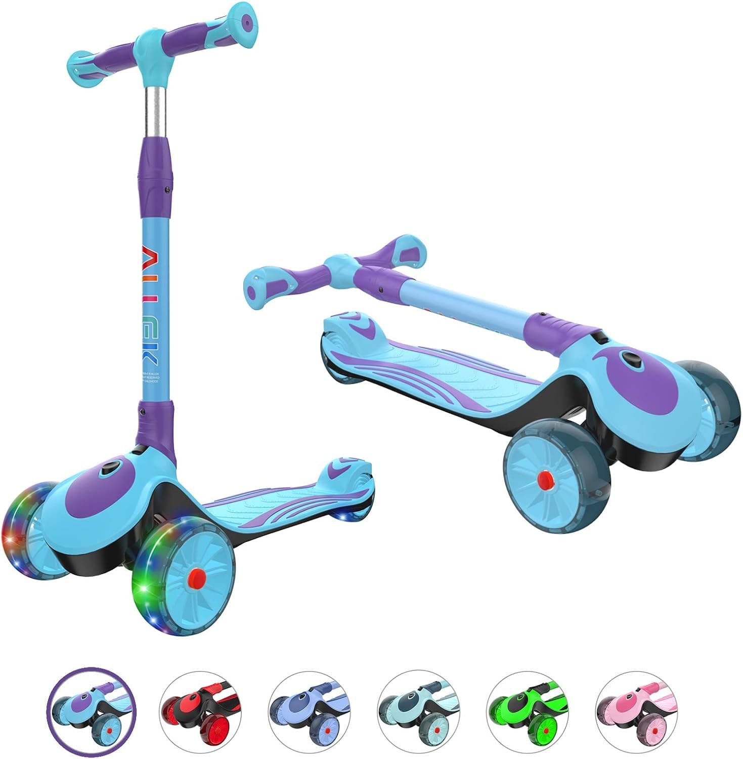 Allek F01 Folding Kick Scooter for Kids, 3-Wheel LED Flashing Glider Push Scooter with Height Adjustable and Foldable Handlebar, Dual Color Anti-Slip Wide Deck for Boys Girls 3-12