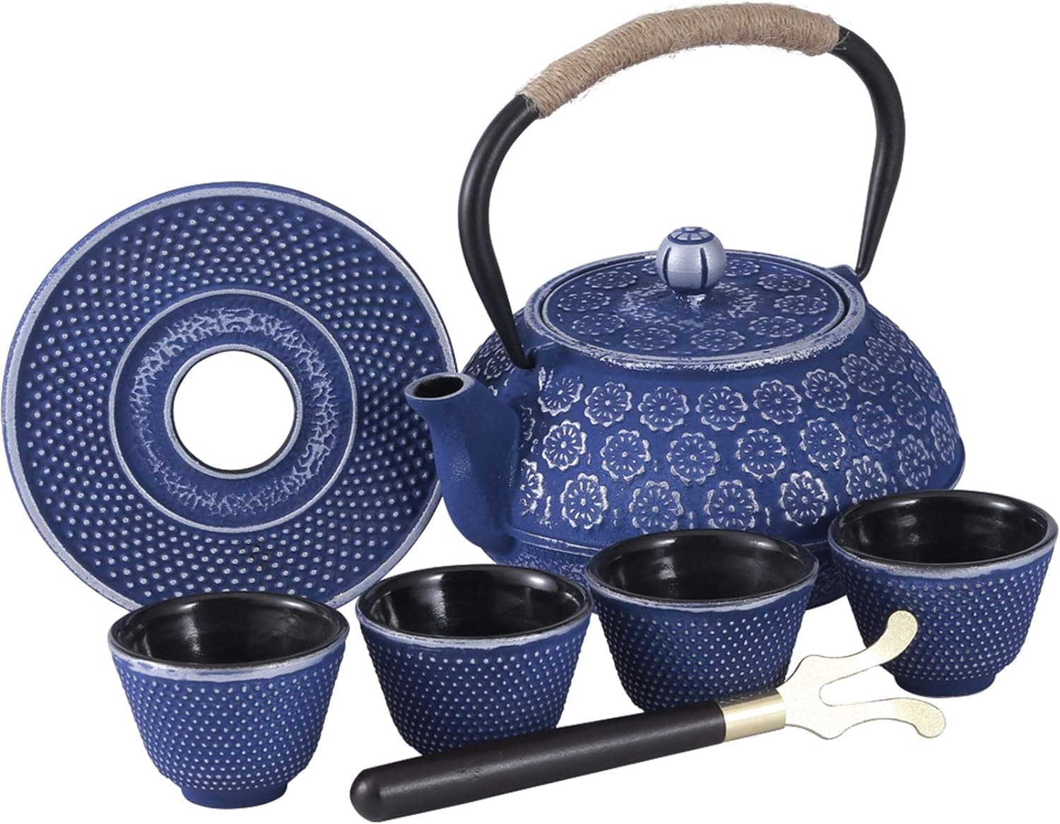 Ufine Blue Floral Cast Iron Teapot Set Japanese Style Tetsubin Tea Kettle with 4 Cups, Stainless Steel Infuser for Stove Top Tea Brewing 28 oz