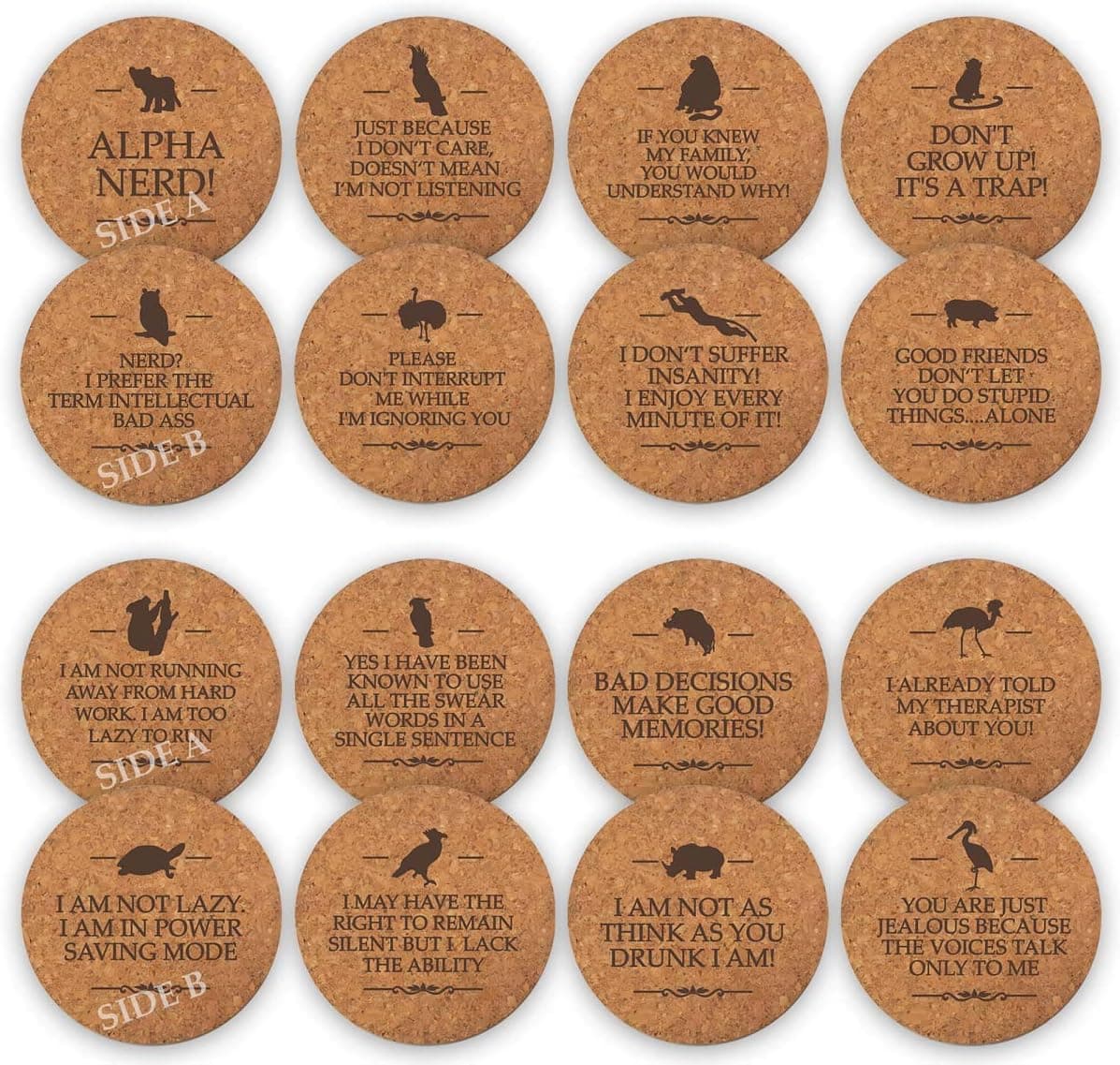 Funny Party Cork Bar Coasters [8 Pack] Double Sided Laser Engraved with 16 Sayings. Have Fun for Birth Day Man Woman Colleague Office Coffee Mug Beer Drinking Glass (Funny Style - 1)