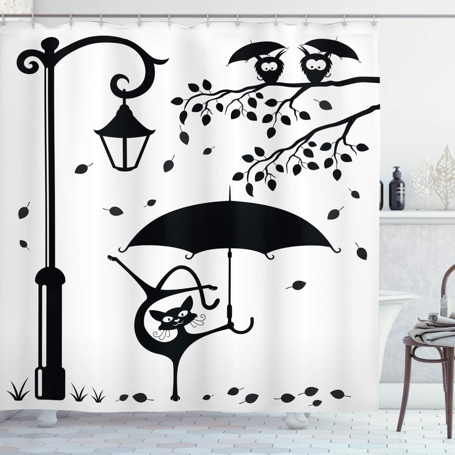 Ambesonne Cat Shower Curtain, Funny Kitty with Umbrella Dancing Under Street Lamp in Town Urban Humorous Print, Cloth Fabric Bathroom Decor Set with Hooks, 69" W x 70" L, White and Black