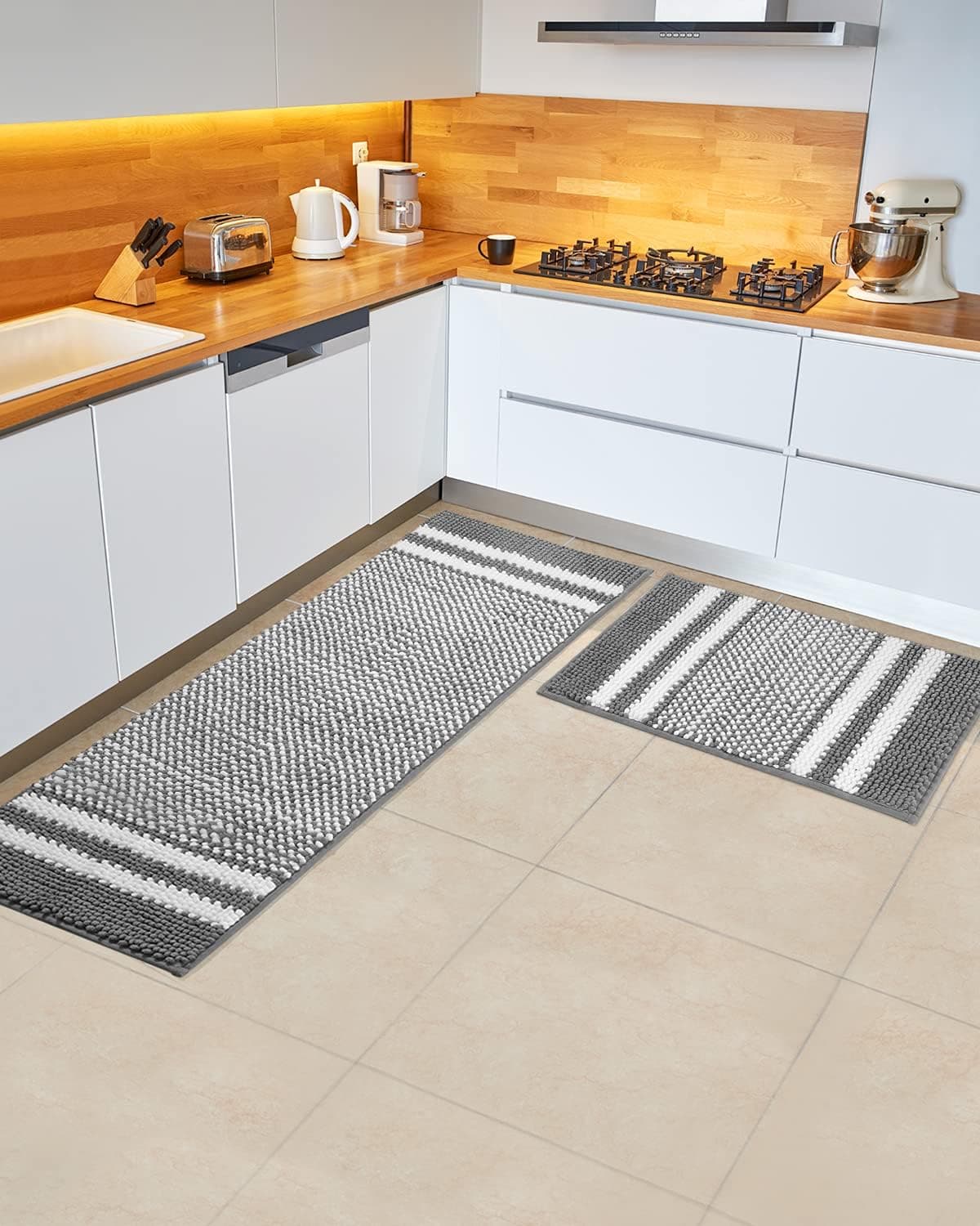 Pretigo Kitchen Rugs Grey&White Floor Rugs for Kitchen, Soft & Absorbent by Chenille Material, Washable Kitchen Rug Set Non Slip Kitchen Rugs and Mats 2 Pieces (17”×48” + 17”×24”)