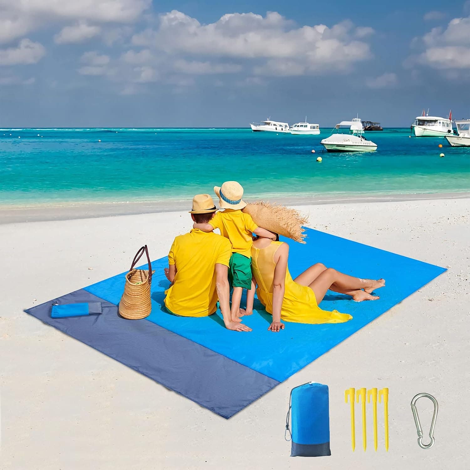 Nisso Beach Blanket, 83" x 79" Oversized Lightweight Waterproof Sandproof Beach Mat for 4-7 Persons Beach Camping Hiking and Picnic with Portable Bag and 4 Fixed Nails
