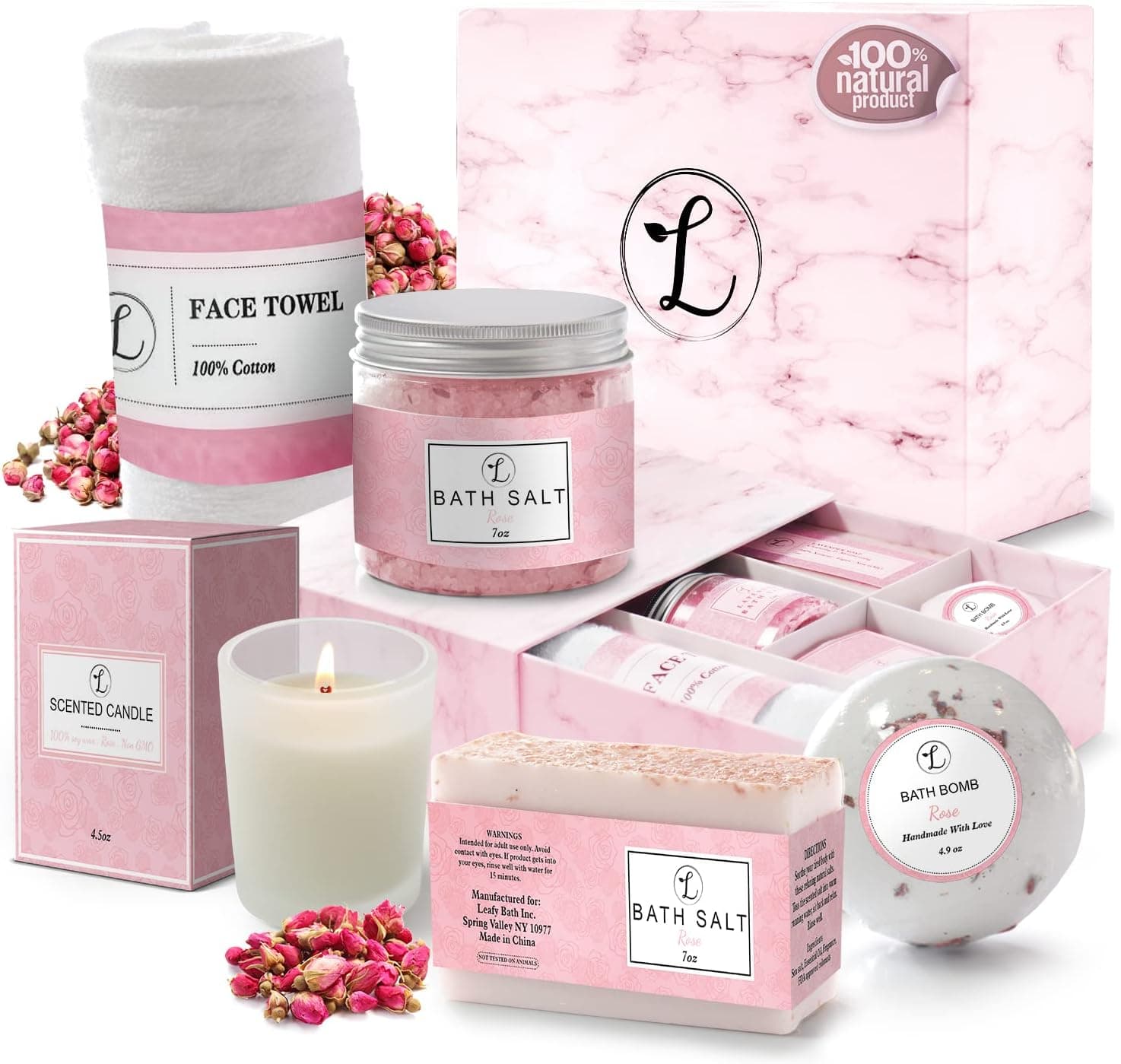 Spa Gift Set 100% Natural, Gift Box Includes: Bath Bomb, Bath Salt, Hand Soap, Scented Candle, Face Cloth and Gift Box. Best Gift for Her. (Rose)