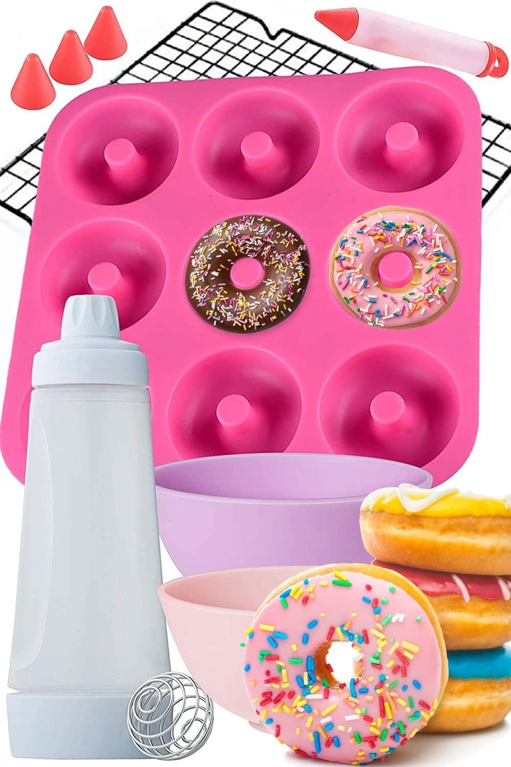 Dippin'Donutz Nonstick Silicone Donut Pan - Deluxe Baking and Decorating Supplies Bundle. Including Doughnut Maker Molds, Mixing Bottle, Cooling Rack, Dipping Bowls And Icing Decorarting Pen