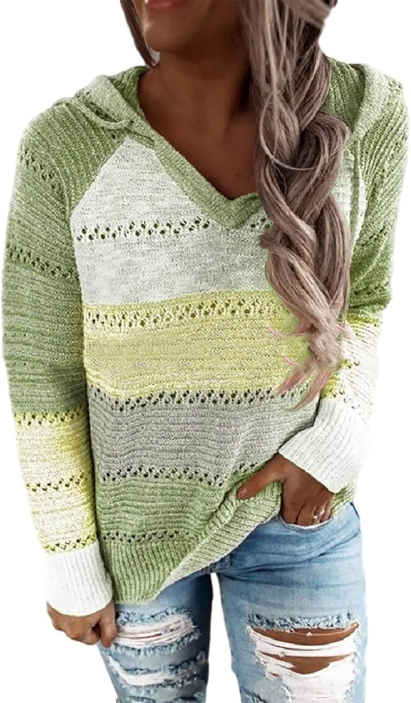 Color Block Hollow Out Drawstring Knitted Hoodie Women Striped Hoodies Long Sleeve Pullover Sweatshirts Tops