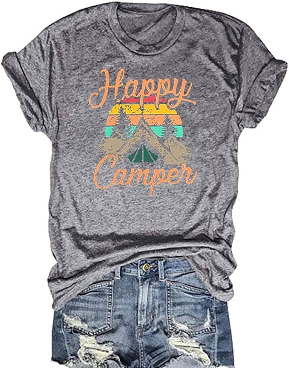 DORFALNE Women's Happy Camper Graphic Printing Tees Summer Round Neck Short Sleeve T-Shirts Tops