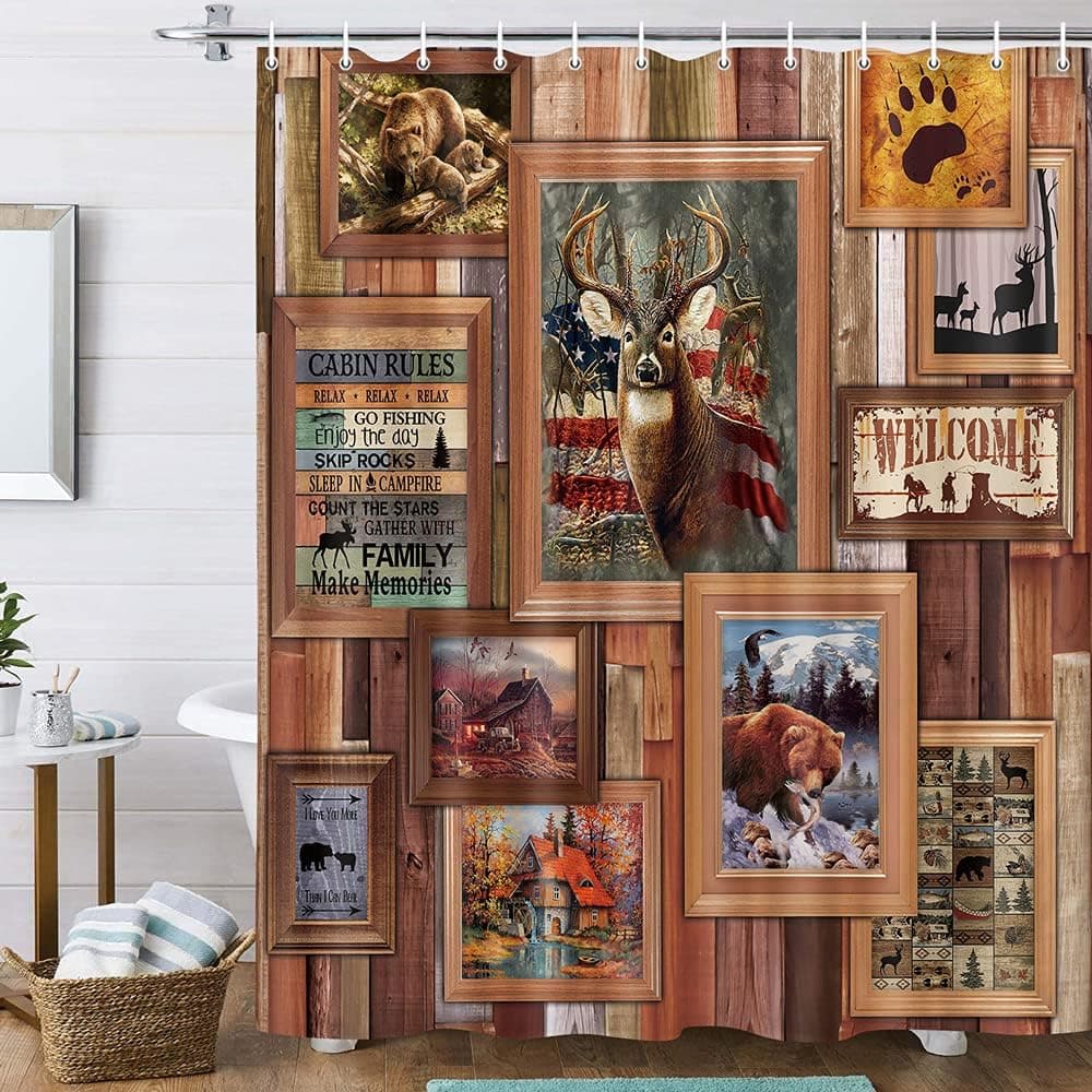 Farmhouse Shower Curtain Bear Moose Deer Shower Curtain Rustic Cabin Shower Curtain Set Country Primitive Lodge Brown Shower Curtain, Camp Woodland RV Fabric Wooden Shower Curtain with Hooks 70X70IN