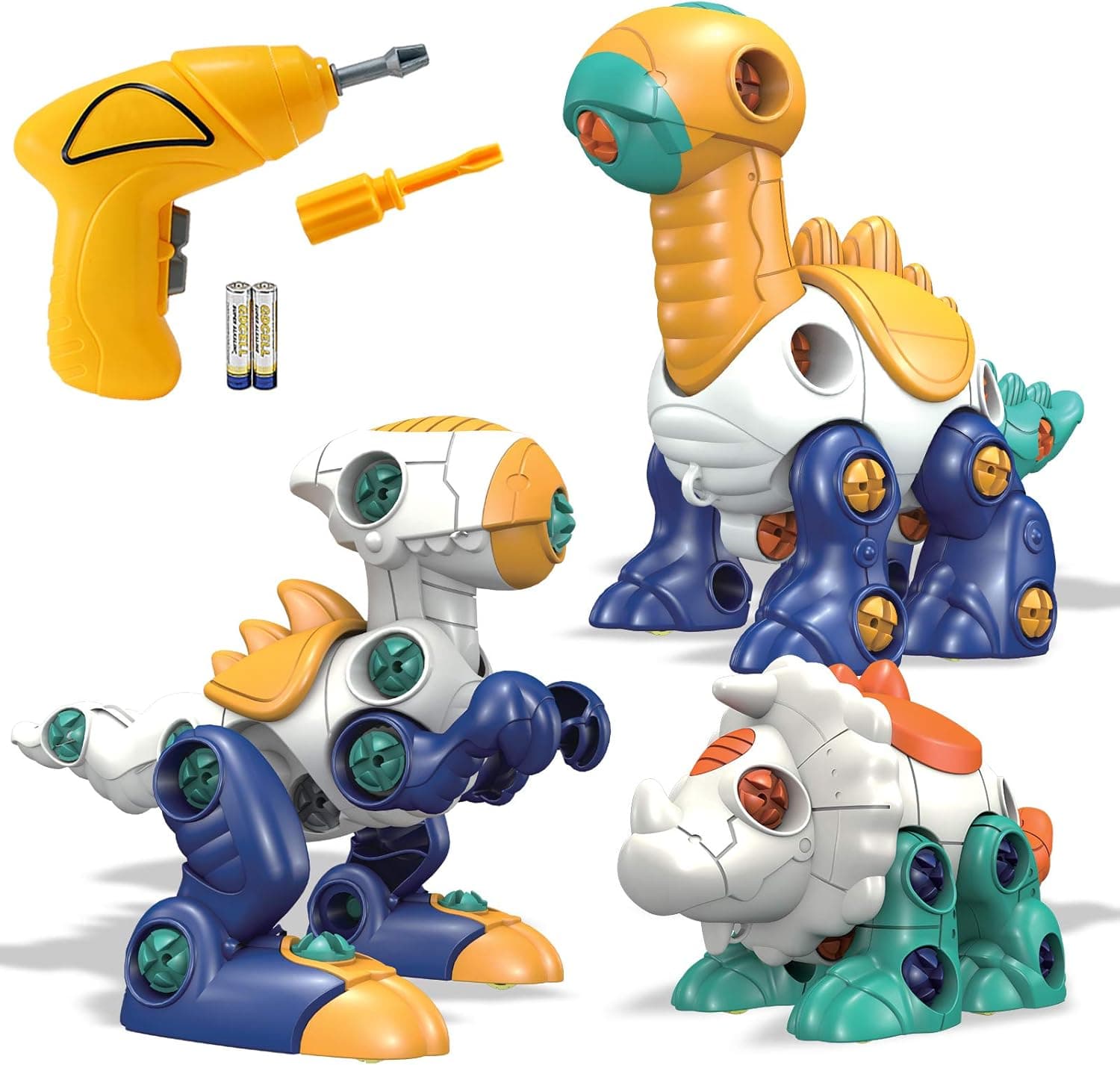 LeonMake Take Apart Dinosaur Toys: 3 Pack Building Construction Kits with Electric Drill | Kids Stem Learning Game Set | Birthday Gift for Toddler Preschool Age 3 4 5 6 Year Old Boys