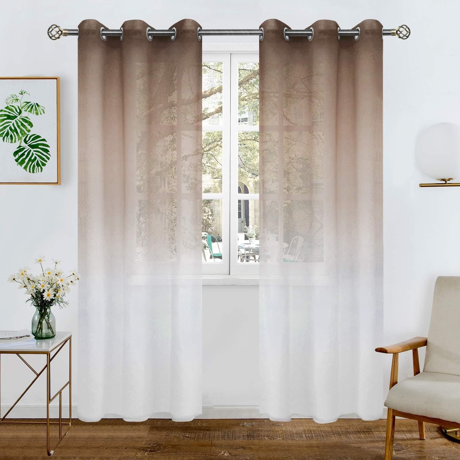 BGment Faux Linen Ombre Sheer Curtains for Living Room, Grommet Semi Voile Light Filtering and Privacy Curtains for Bedroom, Set of 2 Panels ( Each 42 x 90 Inch, Brown )