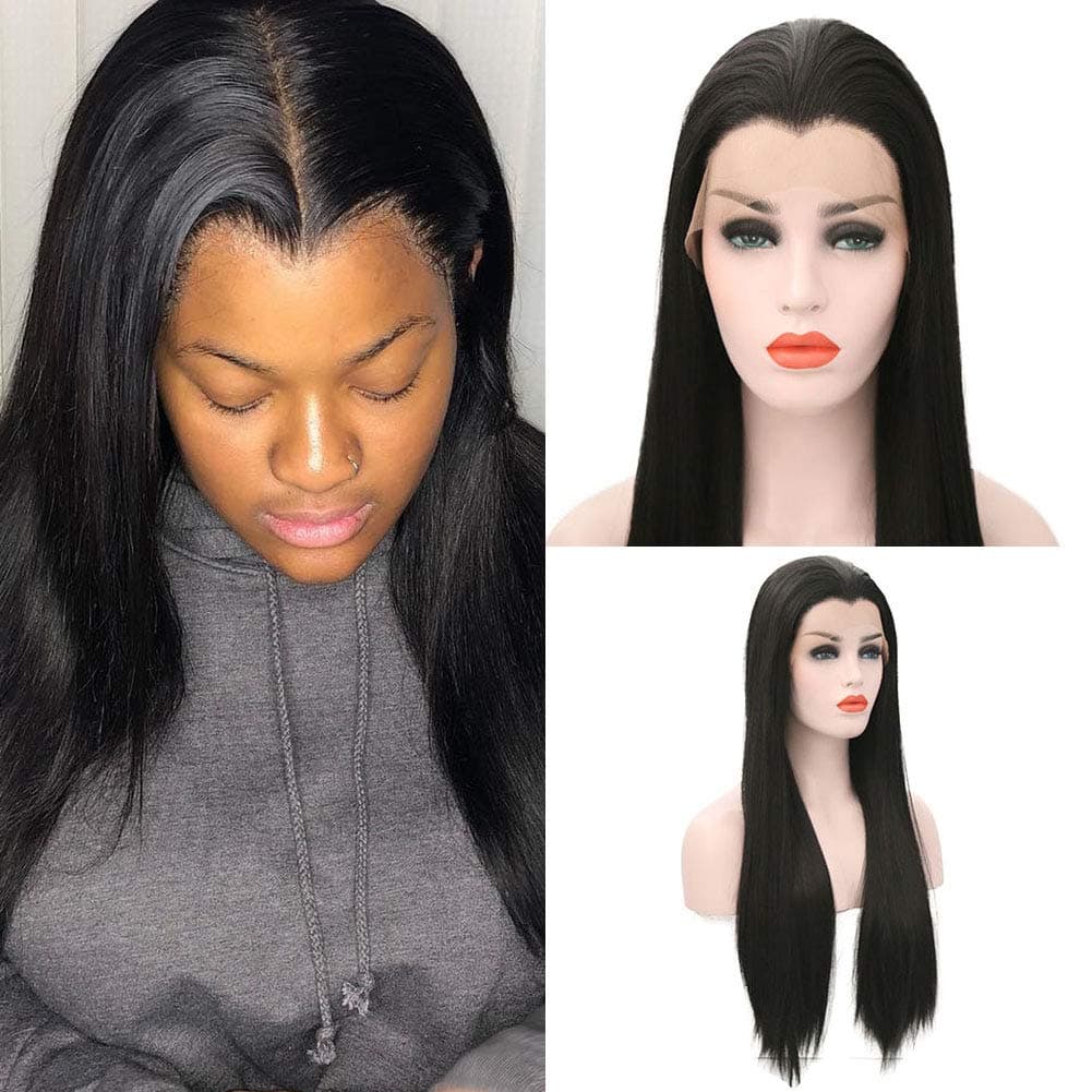 Rongduoyi Beauty Tip Synthetic Lace Front Wig Widow's Peak Free Part Heat Resistant Fiber Black Straight Hair Replacement Wigs For Women 13"X3.5"Long Lace Front Wigs (Black 24inch)