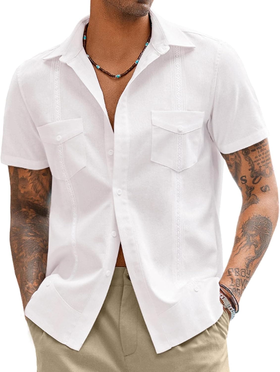COOFANDY Mens Linen Shirt Short Sleeve Cuban Guayabera Shirts Casual Button Down Beach Tops with Pockets