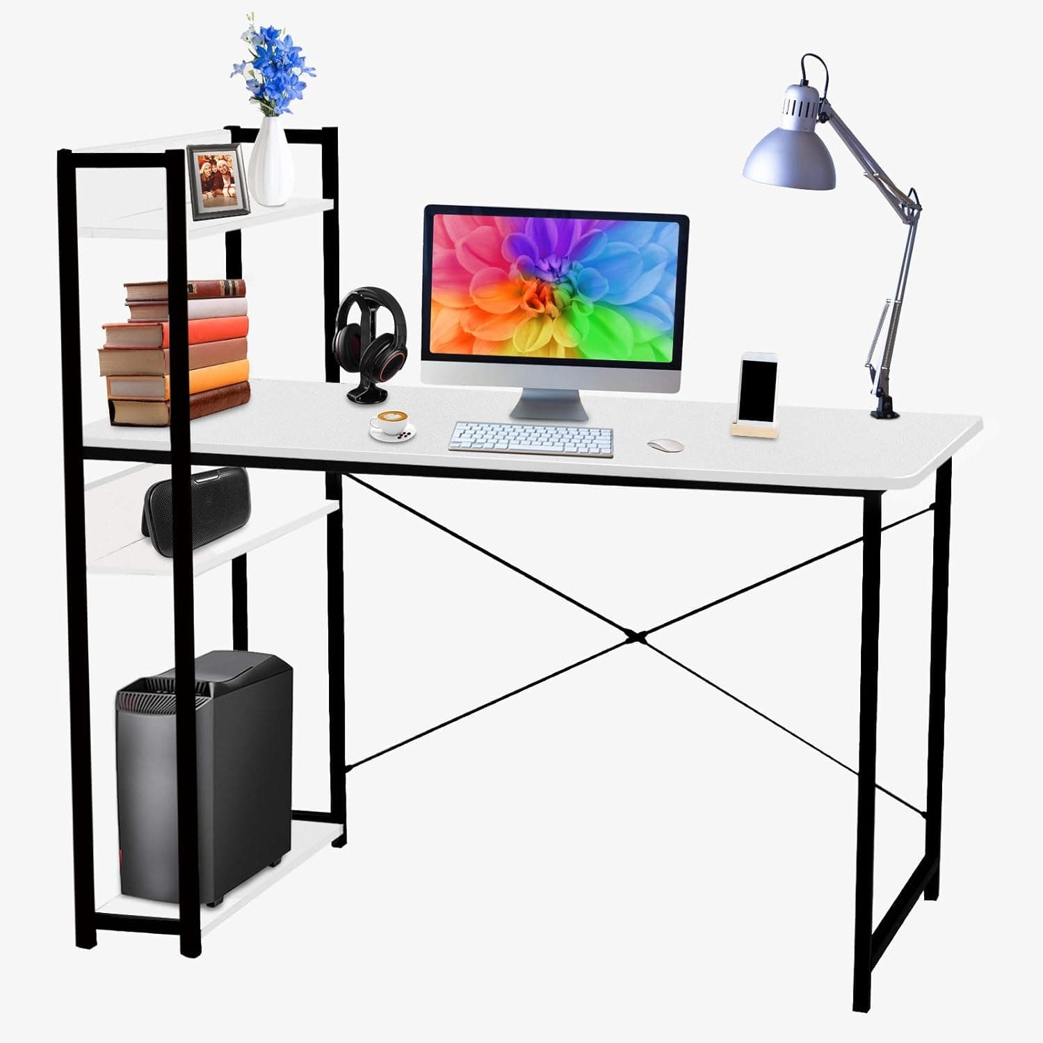 Levoni Computer Home Office Desk 47 inch Writing Study Table with Storage Shelves Study Writing Table with Bookshelves White