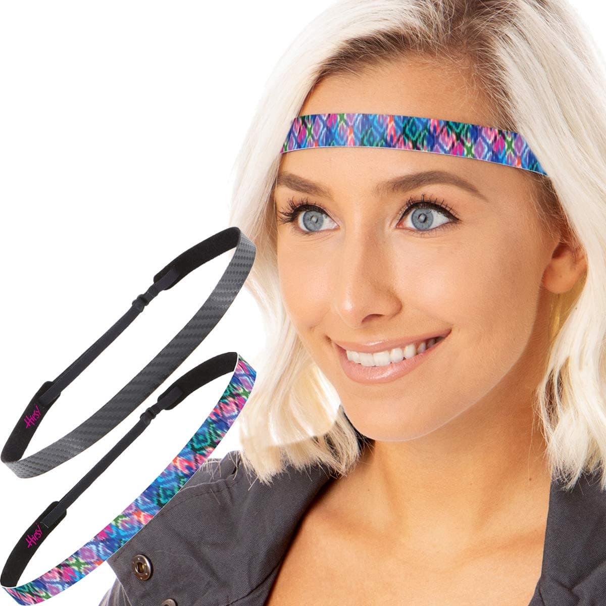 Hipsy Women's Adjustable Non Slip Boho Skinny Tribal Diamonds & Tech Sport Headband 2-pack (Blue & Black Tech)