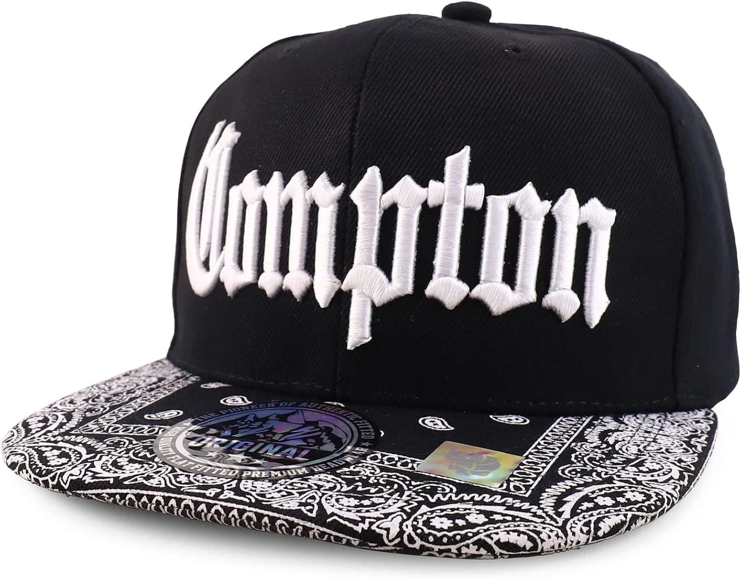 Trendy Apparel Shop Compton Old English Font Embroidered Bandana Flatbill Cap