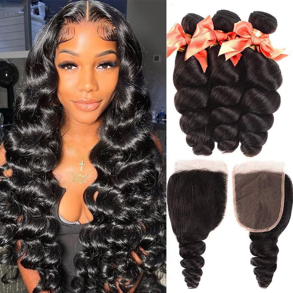 Loose Wave Bundles with Closure Brazilian Virgin Hair Loose Curly Weave Bundles with 4X4 Free Part Closure 10A Loose Body Wave Bundles with Closure Human Hair Extensions Natural Black (14 16 18+12)