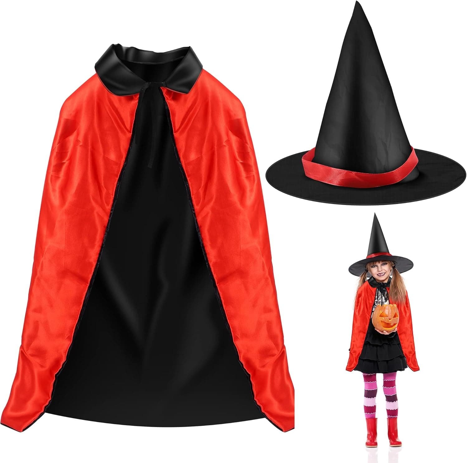 F FiGoal Halloween Witch Wizard Fancy Dress Costumes Props Cloak with Hat Reversible Black and Red Halloween Cape for Kids